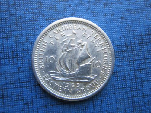 Монета 10 центов Британские Карибские территории 1965 корабль парусник