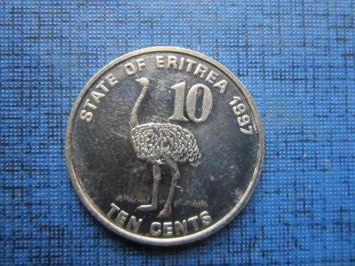 Монета 10 центов Эритрея 1997 фауна птица страус