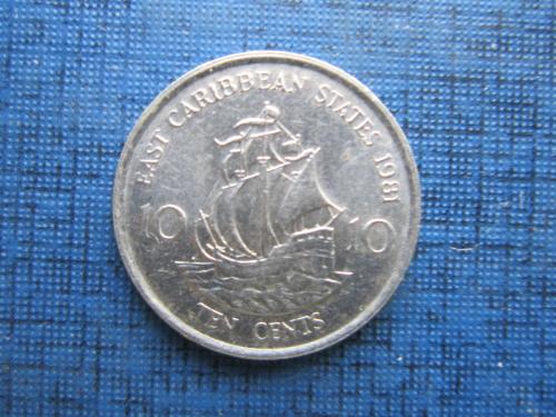 Монета 10 центов Восточно-Карибские штаты Британкие 1981 корабль парусник
