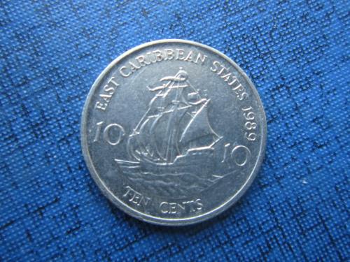 Монета 10 центов Восточно-Карибские штаты Британкие Карибы 1989 корабль парусник