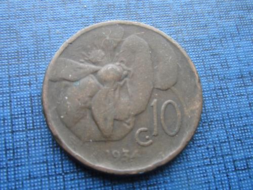 Монета 10 чентезими Италия 1934 фауна пчела