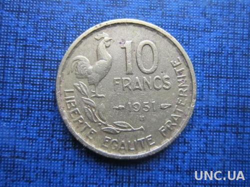 монета 10 франков Франция 1951 В фауна петух
