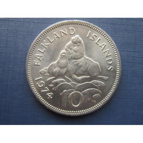 Монета 10 пенсов Фолклендские острова Британские Фолкленды 1974 фауна морской лев