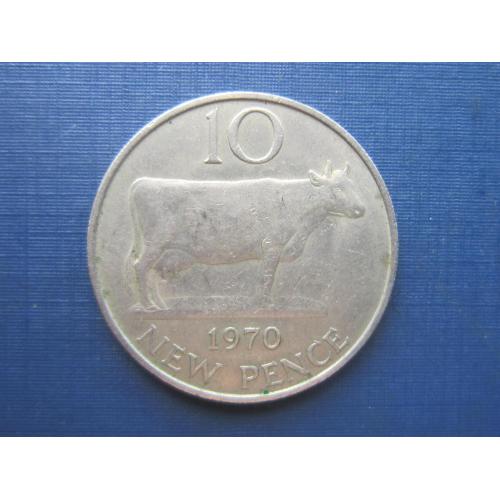 Монета 10 пенсов Гернси Великобритания 1970 фауна корова