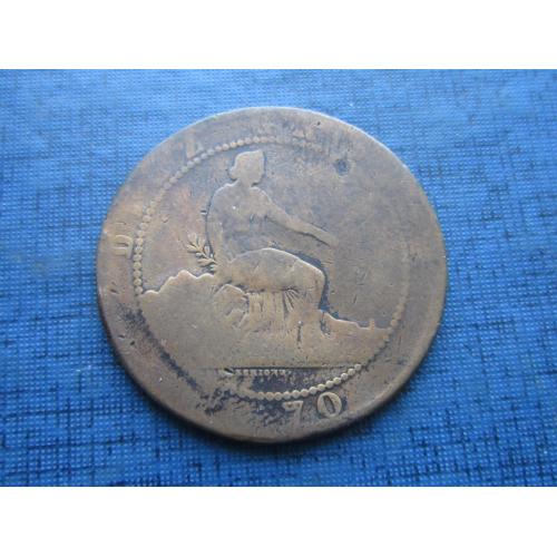 Монета 10 сентимо Испания 1870 медь как есть фауна лев №2