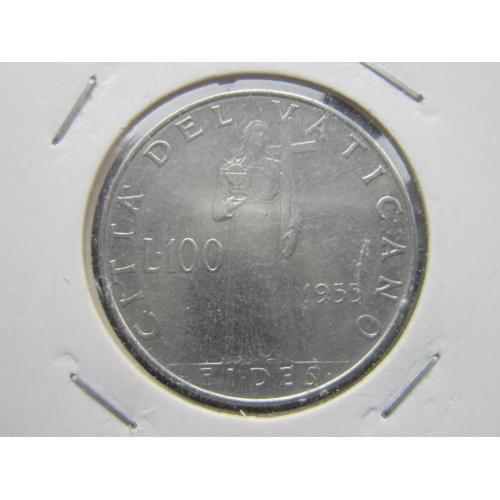 Монета 100 лир Ватикан 1955 Иисус с крестом и граалем Папа