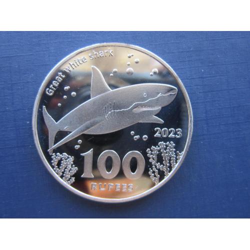 Монета 100 рупий Кокосовые (Килинг) острова 2023 фауна акула