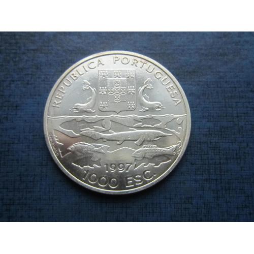 Монета 1000 ишкуду Португалия 1997 фауна рыбы корабль серебро