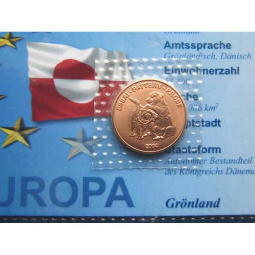 Монета 2 евроцента (серос) Гренландия 2004 Проба Европроба фауна собаки ездовые UNC запайка
