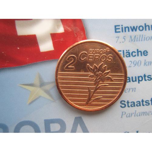 Монета 2 евроцентов (серос) Швейцария 2003 Проба Европроба фауна корова