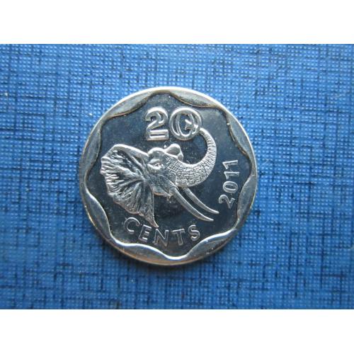 Монета 20 центов Свазиленд 2011 фауна слон состояние