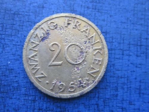 Монета 20 франков Саарленд Саар Германия 1954 как есть