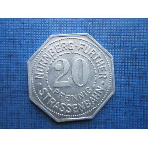 Монета 20 пфеннигов Германия Нюрнберг 1921 нотгельд трамвайный жетон Шпаркассе
