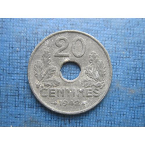 Монета 20 сантимов Франция 1942 цинк номинал цифрами