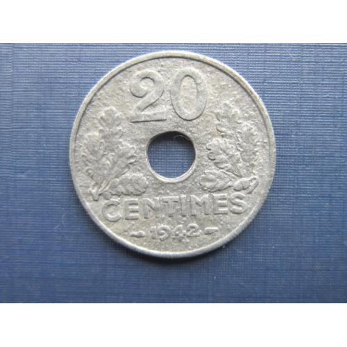 Монета 20 сантимов Франция 1942 цинк Виши