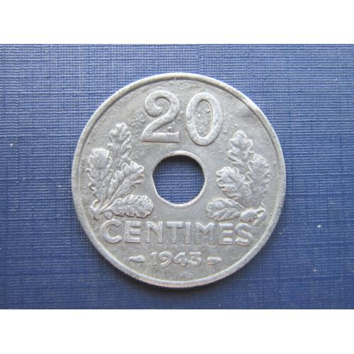 Монета 20 сантимов Франция 1943 цинк Виши