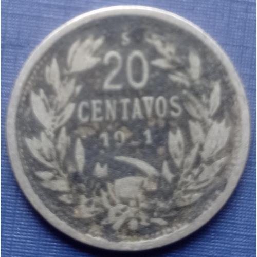 Монета 20 сентаво Чили 1921 фауна птица кондор