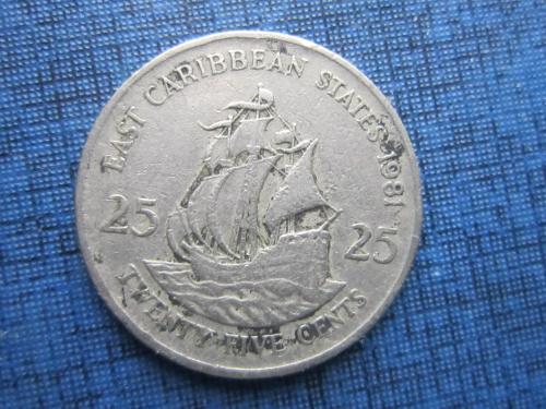 Монета 25 центов Британские Карибские штаты 1981 корабль парусник