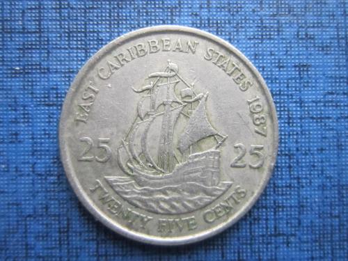 Монета 25 центов Британские Карибские штаты 1987 корабль парусник
