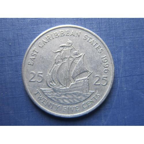 Монета 25 центов Британские Карибские штаты 1996 корабль парусник