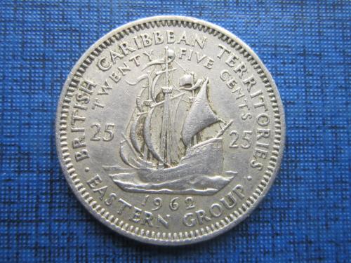Монета 25 центов Британские Карибские территории 1962 корабль парусник