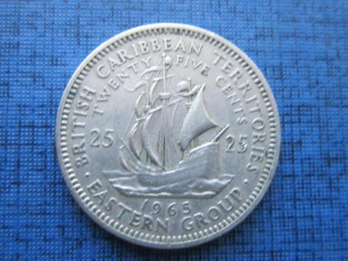 Монета 25 центов Британские Карибские территории 1965 корабль парусник