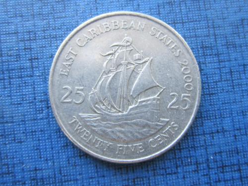 Монета 25 центов Британские Восточно-Карибские штаты Карибы 2000 корабль парусник