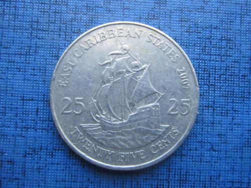 Монета 25 центов Британские Восточно-Карибские штаты Карибы 2007 корабль парусник