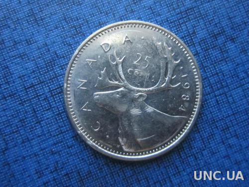 монета 25 центов Канада 1984 фауна олень
