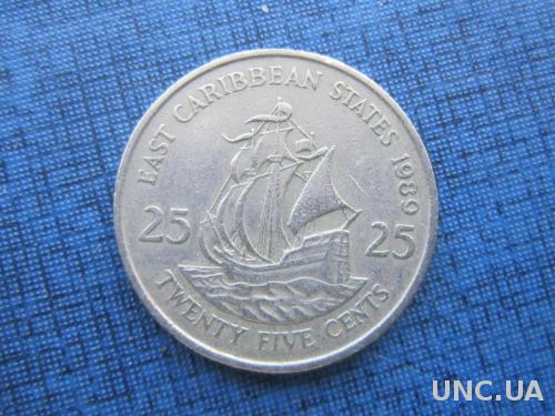 монета 25 центов Карибские штаты 1989 корабль парусник
