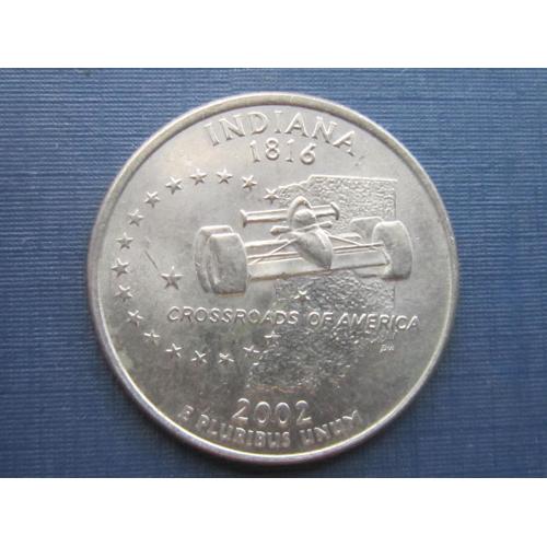 Монета 25 центов квотер США 2002 D Индиана автомобиль гоночный болид