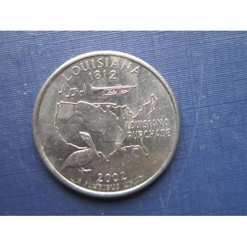 Монета 25 центов квотер США 2002 Р Луизиана фауна птица пеликан