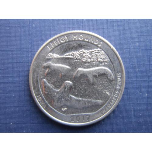 Монета 25 центов квотер США 2017 D 36-й парк Эффиджи-Маундс Айова фауна
