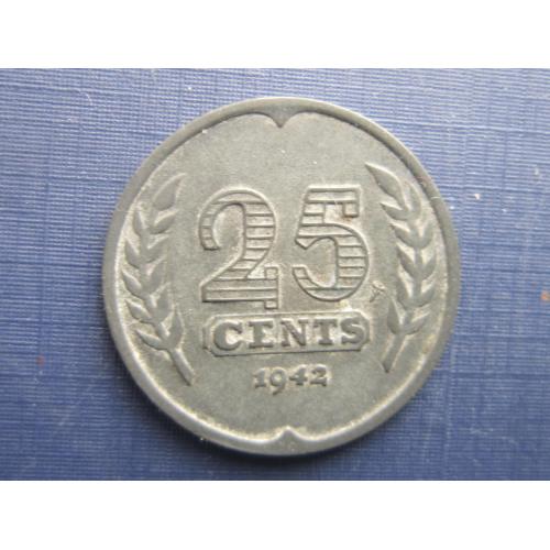 Монета 25 центов Нидерланды 1942 цинк оккупация корабль парусник