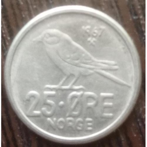 Монета 25 эре Норвегия 1967 фауна птица