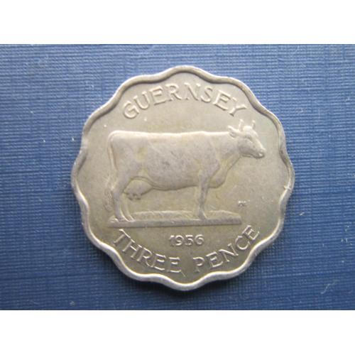 Монета 3 пенса Гернси Великобритания 1956 фауна корова потоньше