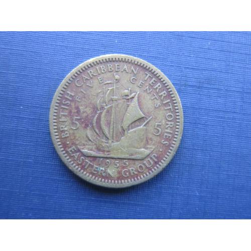 Монета 5 центов Британские Карибские территории 1955 корабль парусник