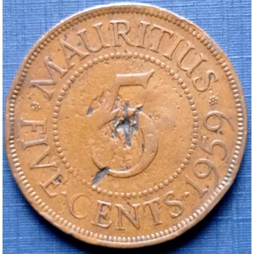 Монета 5 центов Маврикий Британский 1959 как есть