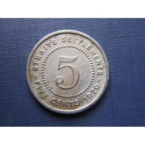 Монета 5 центов Стрейтс Сетлментс Британский 1920 нечастая