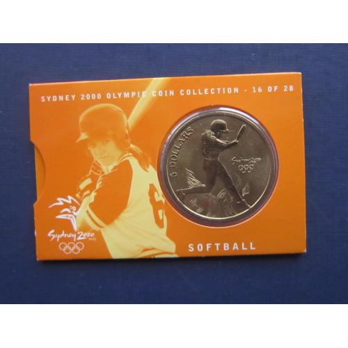 Монета 5 долларов Австралия 2000 спорт олимпиада Сидней софтбол (бейсбол) буклет