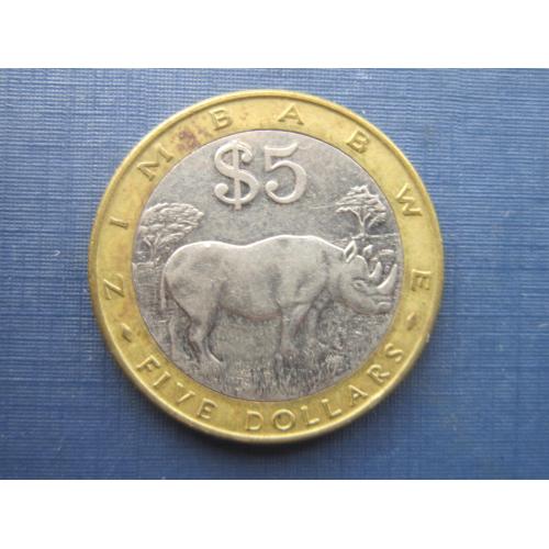 Монета 5 долларов Зимбабве 2001 фауна носорог