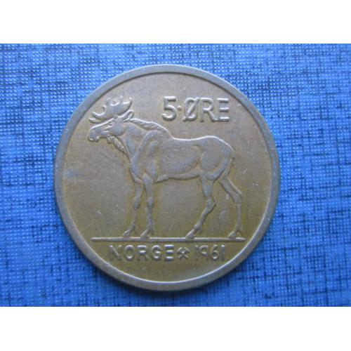 Монета 5 эре Норвегия 1961 фауна лось