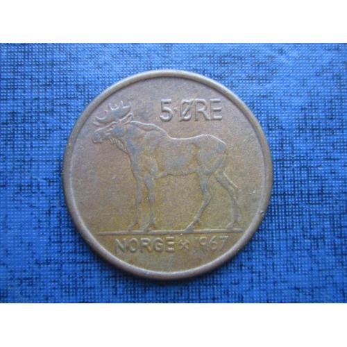 Монета 5 эре Норвегия 1967 фауна лось