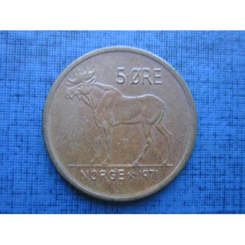 Монета 5 эре Норвегия 1971 фауна лось