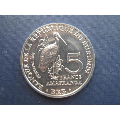 Монета 5 франков Бурунди 2014 фауна птица африканский клювач