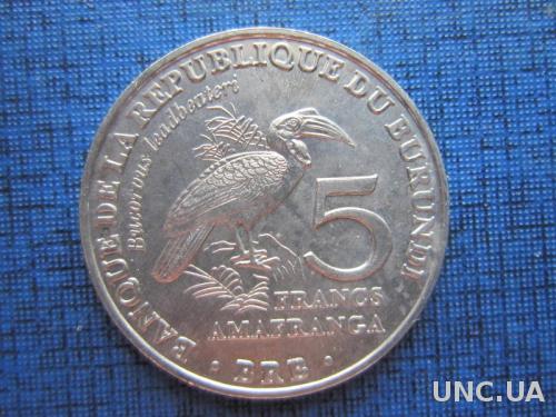 Монета 5 франков Бурунди 2014 фауна птица кафрский рогатый ворон состояние
