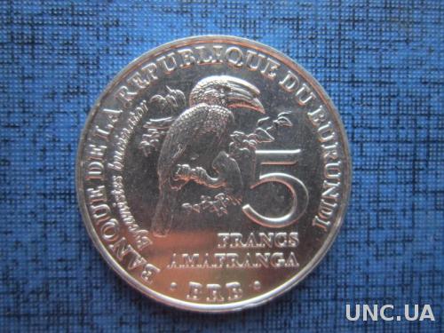 Монета 5 франков Бурунди 2014 фауна птица калао трубач состояние
