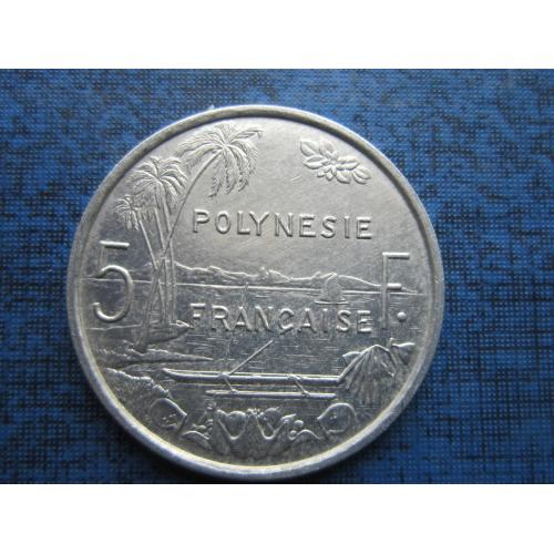 Монета 5 франков Полинезия Французская 1984 корабль лодка