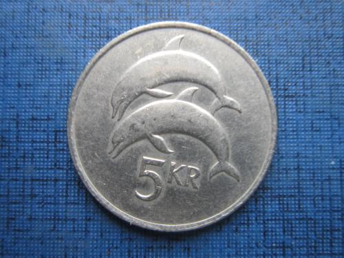 Монета 5 крон Исландия 1987 фауна дельфины