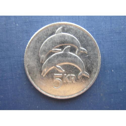 Монета 5 крон Исландия 1996 фауна дельфины корова